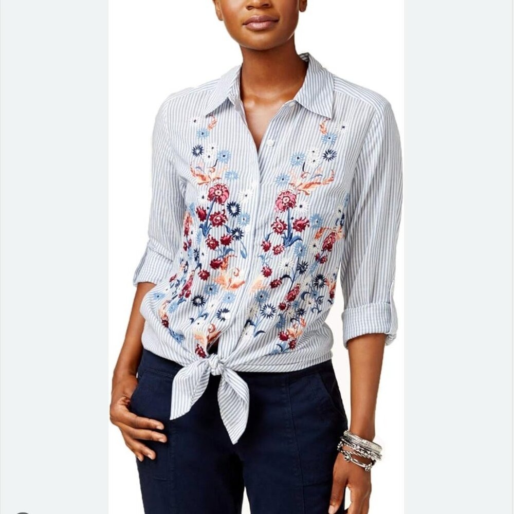 Style & Co Cotton Striped Button Up Embroidered Shirt Size PXL Cottagecore Boho